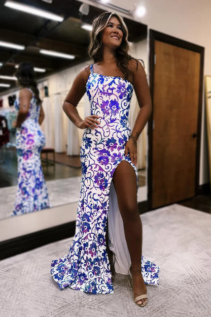 Xuewuba Dress Cute Sheath One Shoulder Mermaid Purple White Sequins Long Prom Dress with Slit