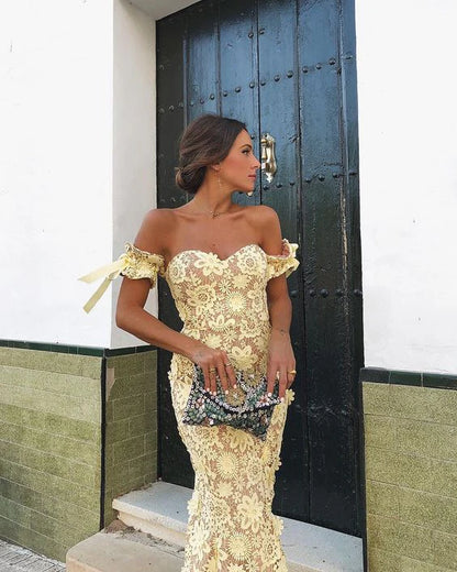 Xuewuba Dress Cute Sweatheart Neckline Yellow Midi Dress With Tie Sleeves Prom Dress