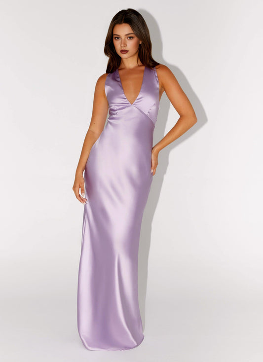 Xuewuba Dress Deep V Neck Maxi Dress Sleeveless Lilac Simple Sheath Crisscross Back Satin Prom Dress