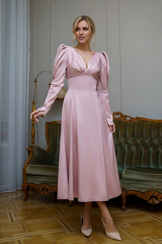 Xuewuba Dress Dusty Pink Satin Bow Back Midi Dress Party Dress Elegant Tea-Length A-line Prom Dress