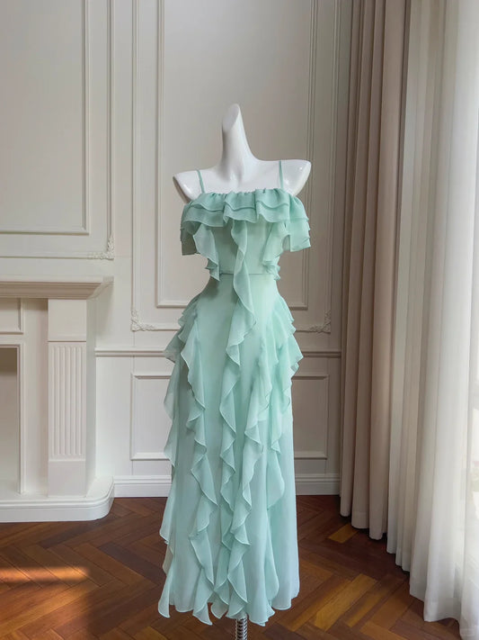 Xuewuba Dress Elegant A Line Spaghetti Strap Ruffle Green Chiffon Wedding Guest Dress Prom Dress