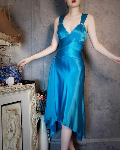 Xuewuba Dress Elegant A Line Wide Straps Blue Satin Prom Dress Open Back Evening Dress