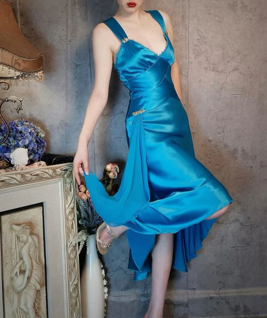 Xuewuba Dress Elegant A Line Wide Straps Blue Satin Prom Dress Open Back Evening Dress