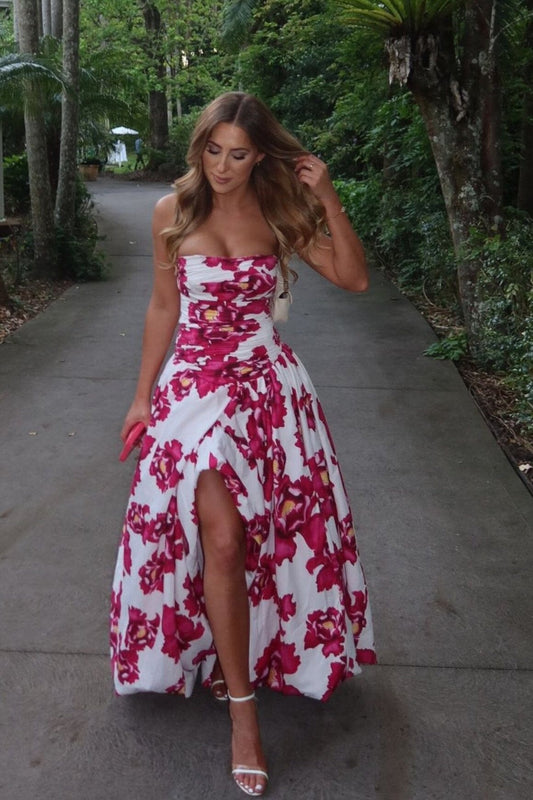 Xuewuba Dress Elegant Chic A-line Strapless Ruched Floral-Print Ankle Length Sleeveless Prom Dress With Side Slit