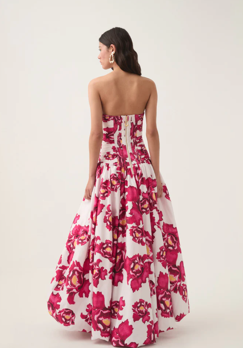 Xuewuba Dress Elegant Chic A-line Strapless Ruched Floral-Print Ankle Length Sleeveless Prom Dress With Side Slit