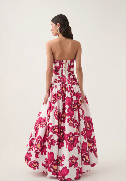 Xuewuba Dress Elegant Chic A-line Strapless Ruched Floral-Print Ankle Length Sleeveless Prom Dress With Side Slit