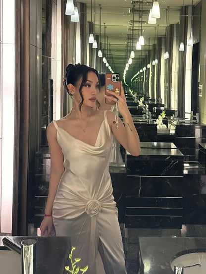 Xuewuba Dress Elegant Mermaid Spaghetti Straps 3D Flower Ivory Satin Long Evening Dress Prom Dress
