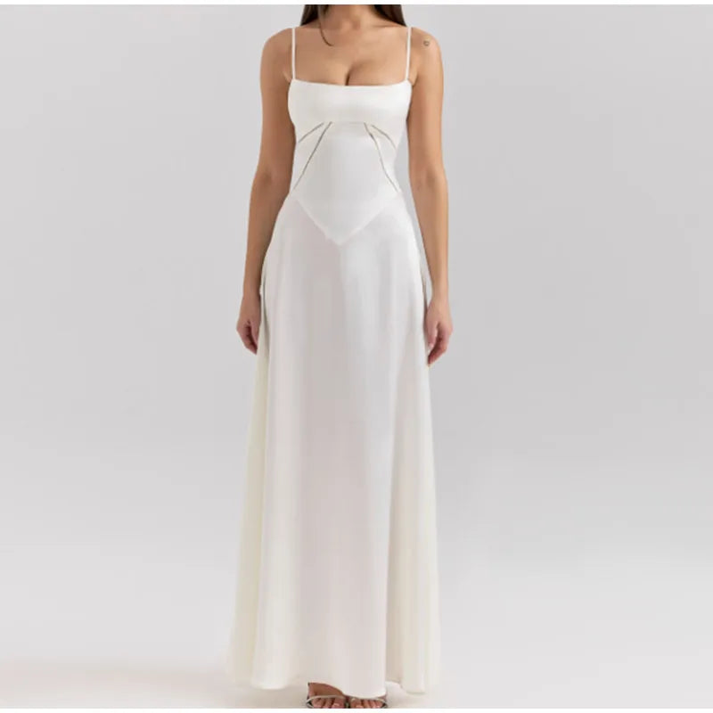 Xuewuba Dress Elegant White Spaghetti Strap Maxi Dress Women Sexy Backless Lace Up High Waist Vestidos Lady Beach Party Prom Dresses