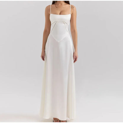 Xuewuba Dress Elegant White Spaghetti Strap Maxi Dress Women Sexy Backless Lace Up High Waist Vestidos Lady Beach Party Prom Dresses