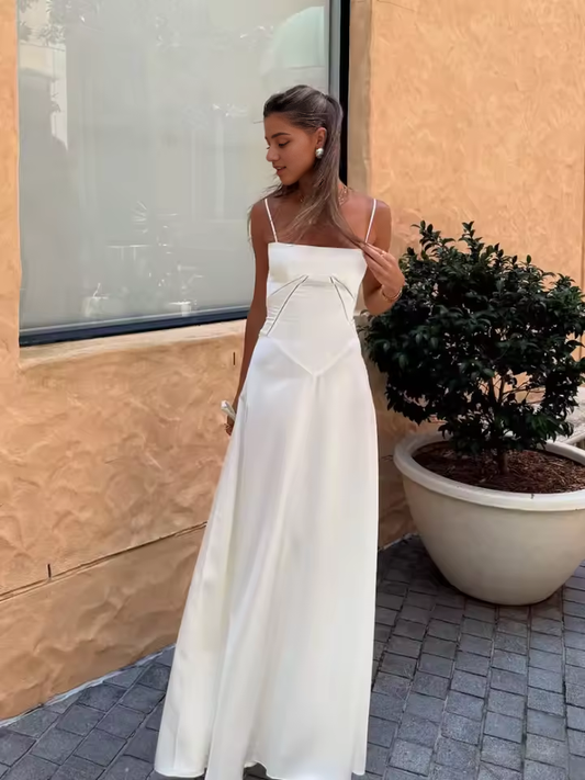 Xuewuba Dress Elegant White Spaghetti Strap Maxi Dress Women Sexy Backless Lace Up High Waist Vestidos Lady Beach Party Prom Dresses