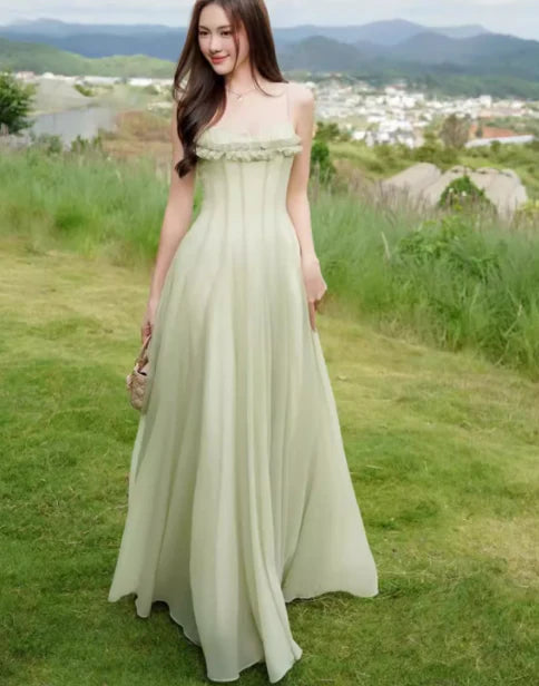 Xuewuba Dress Gentle A Line Spaghetti Strap Green Chiffon Sleeveless Party Dress Prom Dress