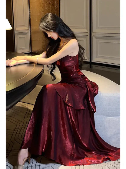 Xuewuba Dress Gentle Mermaid Spaghetti Straps Tiered Pleated Orange Satin Evening Dress Prom Dress