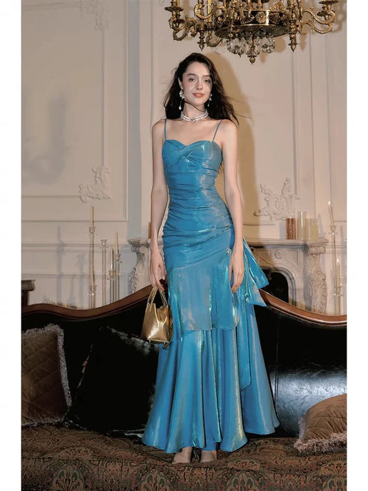 Xuewuba Dress Gentle Mermaid Spaghetti Straps Tiered Pleated Orange Satin Evening Dress Prom Dress