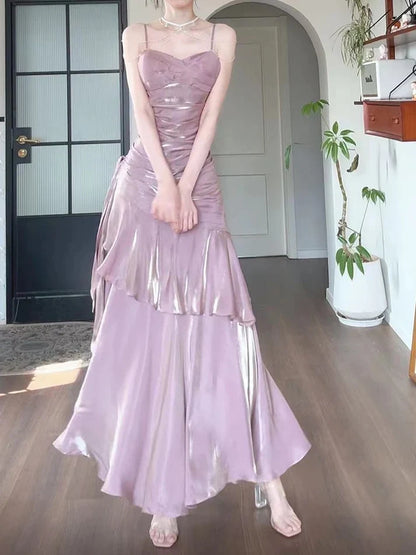 Xuewuba Dress Gentle Mermaid Spaghetti Straps Tiered Pleated Orange Satin Evening Dress Prom Dress