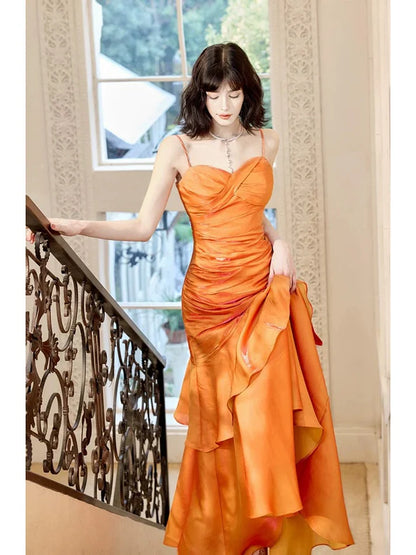 Xuewuba Dress Gentle Mermaid Spaghetti Straps Tiered Pleated Orange Satin Evening Dress Prom Dress
