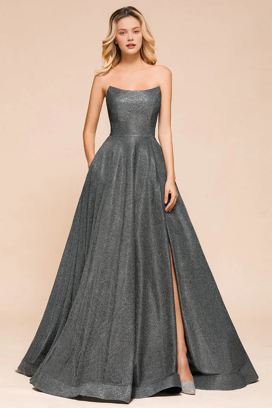 Xuewuba Dress Glitter A-line Strapless Backless Split Lace Up Long Prom Dress