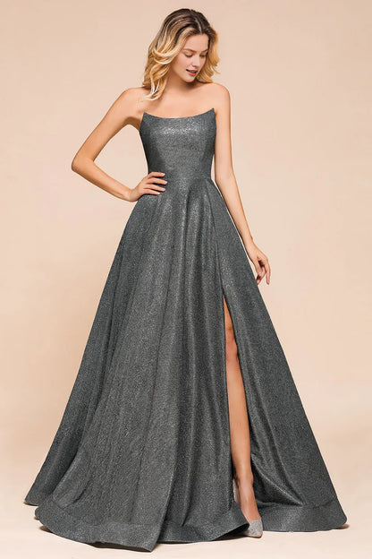 Xuewuba Dress Glitter A-line Strapless Backless Split Lace Up Long Prom Dress