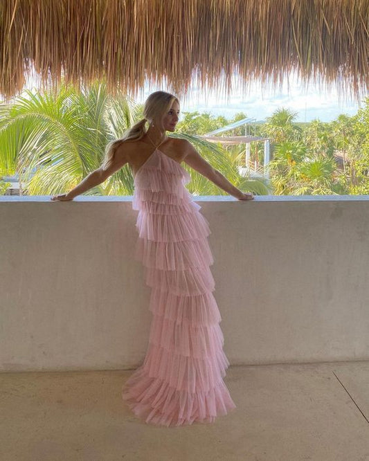 Xuewuba Dress Halter Pink Sweet Backless Long Tulle Ball Gown Evening Dress Party Dress Prom Dress