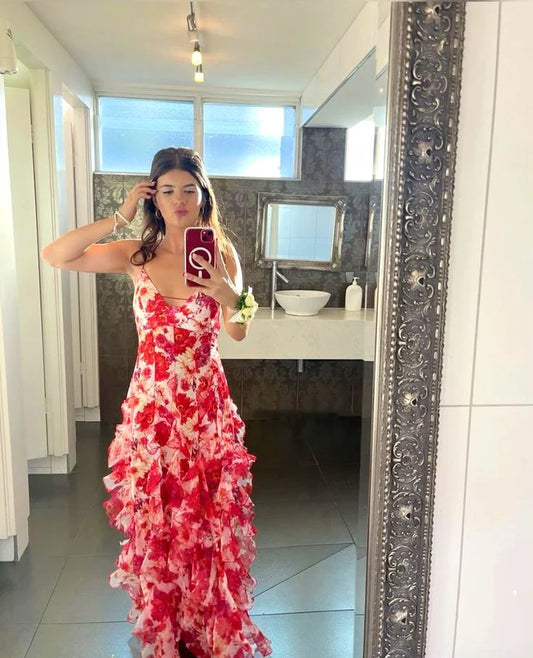 Xuewuba Dress Hot Red Floral Print A-Line Backless Ruffle Long Chiffon Elegant Sexy Ball Gown Evening Prom Dress Party Dress