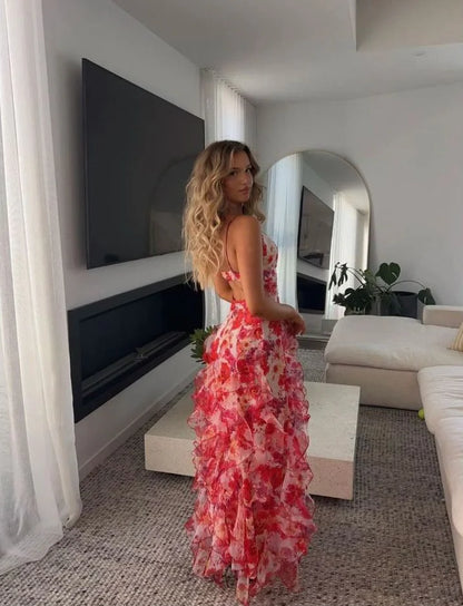 Xuewuba Dress Hot Red Floral Print A-Line Backless Ruffle Long Chiffon Elegant Sexy Ball Gown Evening Prom Dress Party Dress