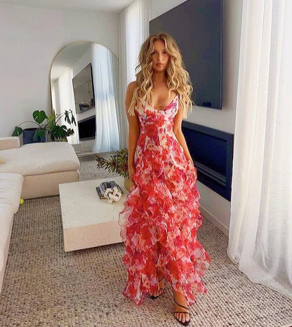 Xuewuba Dress Hot Red Floral Print A-Line Backless Ruffle Long Chiffon Elegant Sexy Ball Gown Evening Prom Dress Party Dress