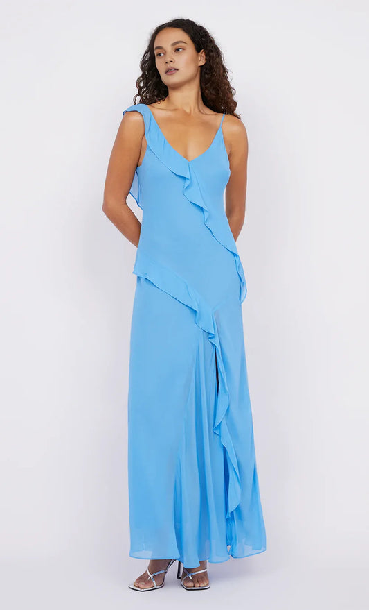 Xuewuba Dress Irregular Straps V Neck Sleeveless Evening Dress Blue Asymmetrical Ruffle Prom Dress Side Slit