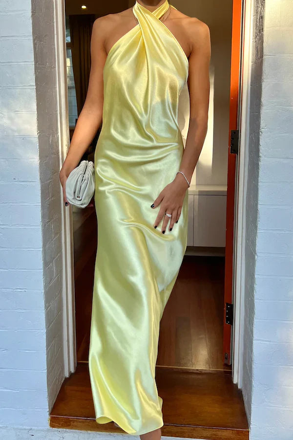 Xuewuba Dress Light Pink Crossover Maxi Dress Prom Dress Yellow Halter Backless Long Prom Dress Wedding Guest Dress
