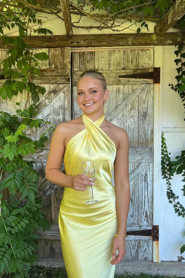 Xuewuba Dress Light Pink Crossover Maxi Dress Prom Dress Yellow Halter Backless Long Prom Dress Wedding Guest Dress
