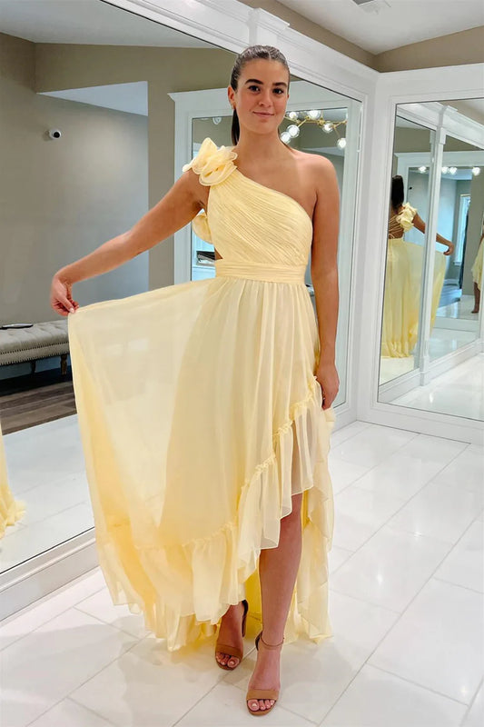 Xuewuba Dress Light Yellow A Line One Shoulder Floral Chiffon Long Wedding Guest Dress Evening Dress Prom Dress