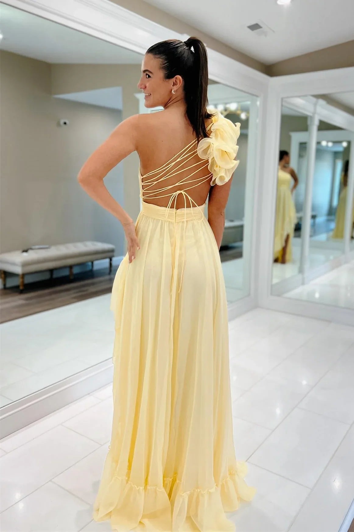 Xuewuba Dress Light Yellow A Line One Shoulder Floral Chiffon Long Wedding Guest Dress Evening Dress Prom Dress