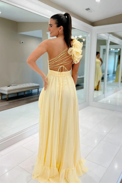 Xuewuba Dress Light Yellow A Line One Shoulder Floral Chiffon Long Wedding Guest Dress Evening Dress Prom Dress