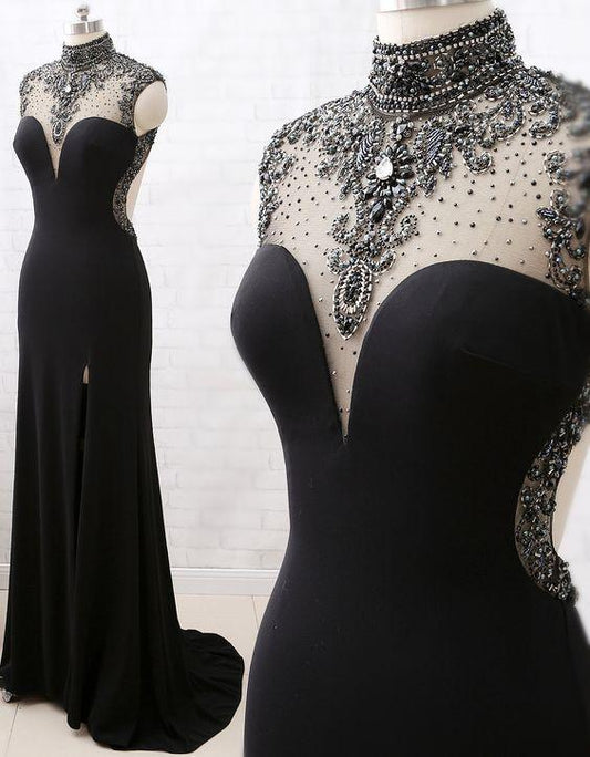 Xuewuba Dress Mermaid High Neck Beaded Black Formal Evening Dress With Slit Prom Dress
