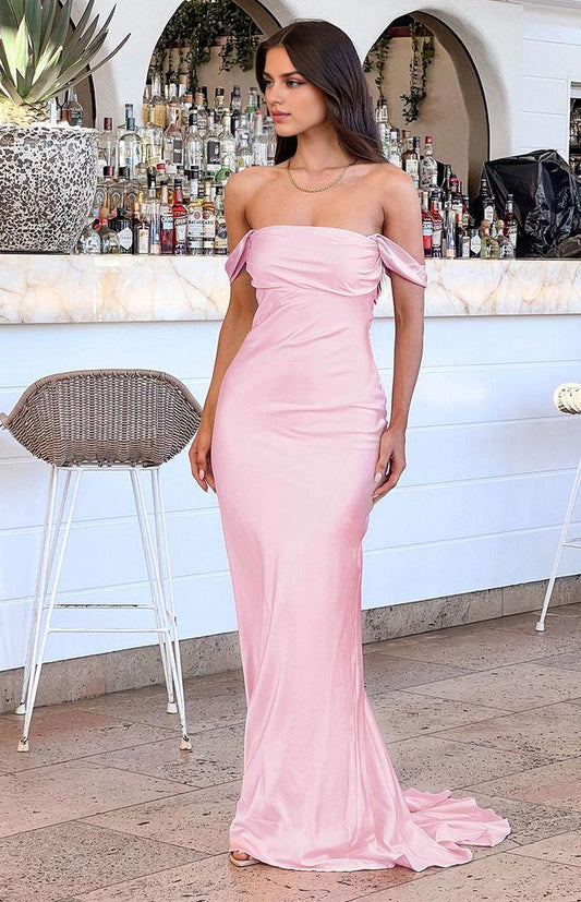 Xuewuba Dress Mermaid Off The Shoulder Floor-length Satin Pink Evening Dress Prom Dresses