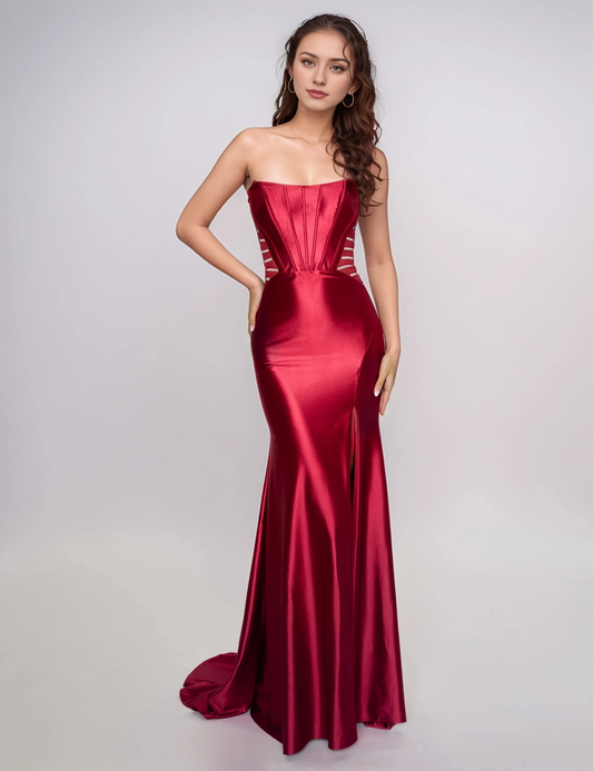 Xuewuba Dress Mermaid Satin Prom Dress Long with Slit Sweep Train Evening Gowns Strapless Bridesmaid Dresses For Women