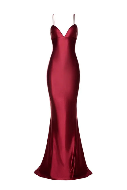 Xuewuba Dress Mermaid Silhouette Satin Back Lace-up Ruched Spaghetti Straps Floor Length Prom Dress
