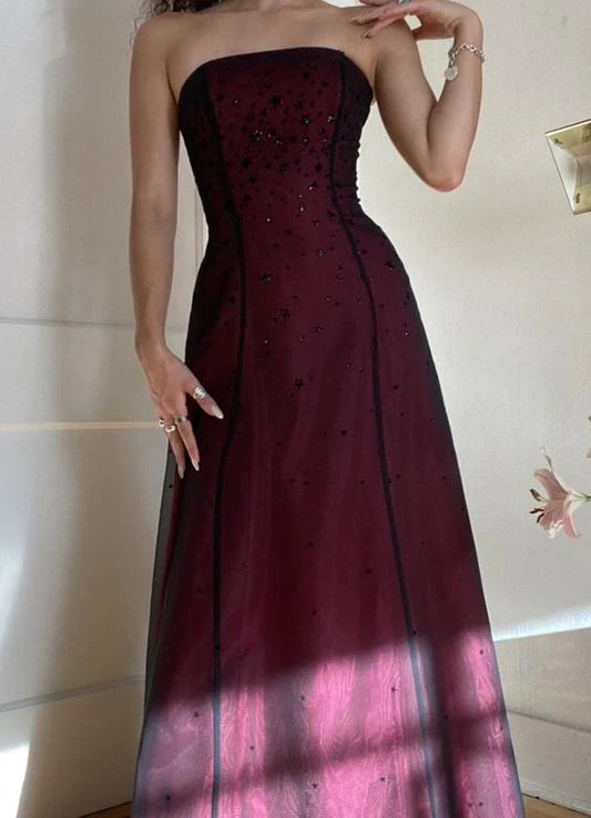 Xuewuba Dress Modest A Line Strapless Burgundy Tulle Beads Long Party Dress Prom Dresses