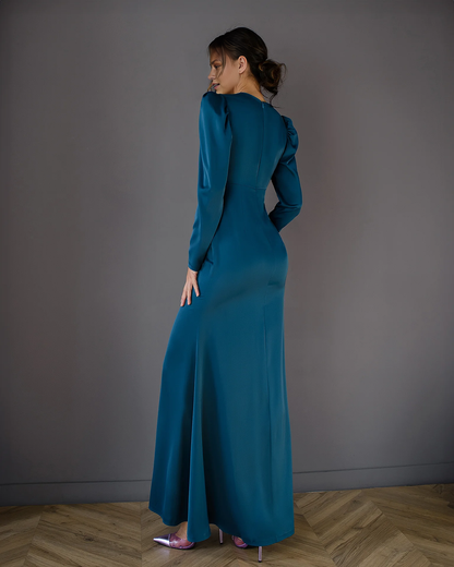 Xuewuba Dress Navy V-neck Halloween Dress Puff Long Sleeve Maxi Dress Party Dress Elegant Floor Length Prom Dress With Slit