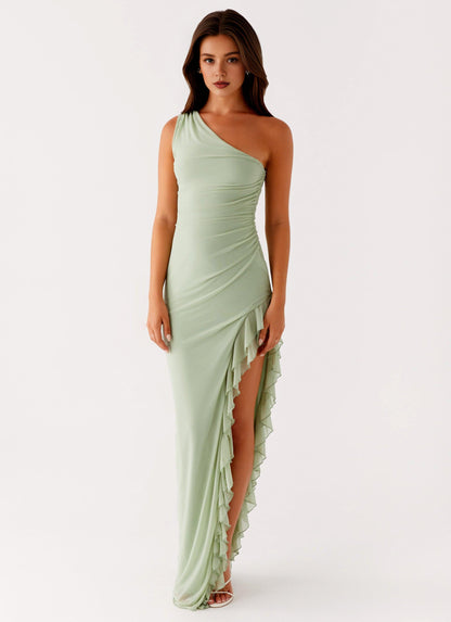Xuewuba Dress One Shoulder Maxi Dress Sleeveless Sage Chic Sheath Prom Dress With Side Asymmetrical Ruffle