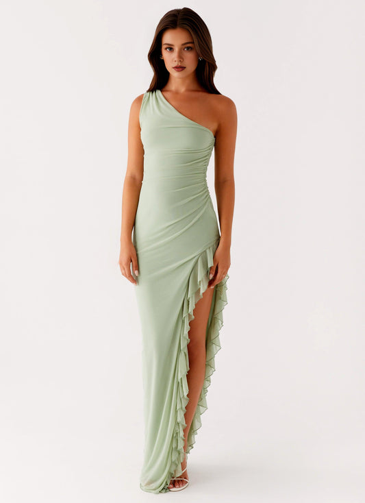 Xuewuba Dress One Shoulder Maxi Dress Sleeveless Sage Chic Sheath Prom Dress With Side Asymmetrical Ruffle