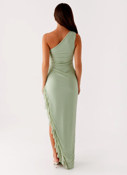 Xuewuba Dress One Shoulder Maxi Dress Sleeveless Sage Chic Sheath Prom Dress With Side Asymmetrical Ruffle