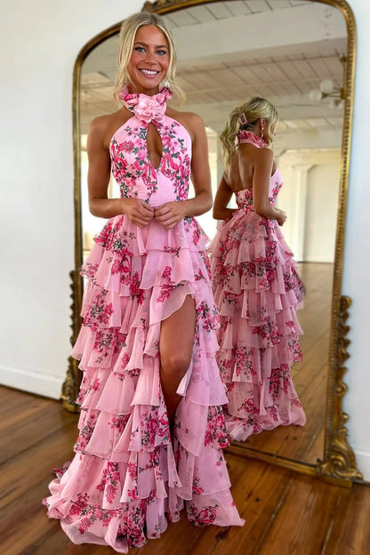Xuewuba Dress Pink Lovely A-Line Halter Neck Long Prom Dress with Ruffle Print Chiffon Dress Evening Dress