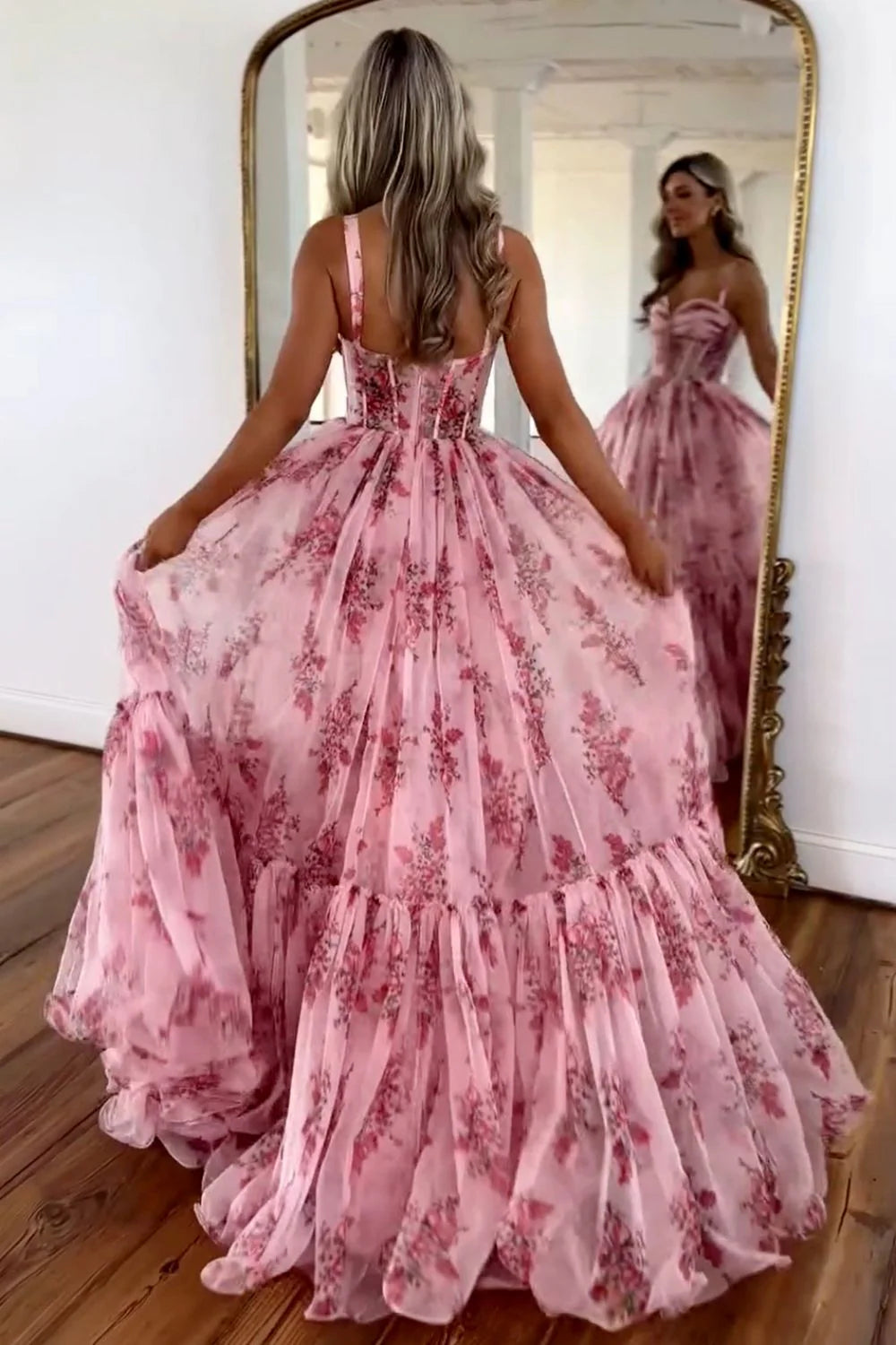 Xuewuba Dress Pink Romantic A-Line Spaghetti Straps Prom Dress Print Tulle Evening Dress