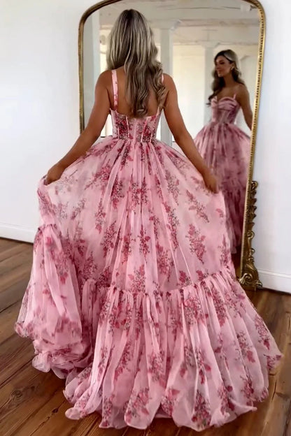 Xuewuba Dress Pink Romantic A-Line Spaghetti Straps Prom Dress Print Tulle Evening Dress
