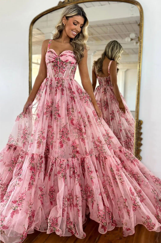 Xuewuba Dress Pink Romantic A-Line Spaghetti Straps Prom Dress Print Tulle Evening Dress