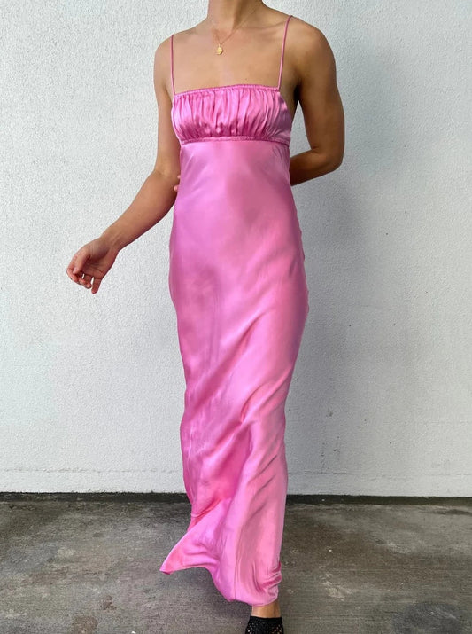 Xuewuba Dress Pink Simple Spaghetti Straps Long Floor Length Pleated Open Back Evening Prom Dresses