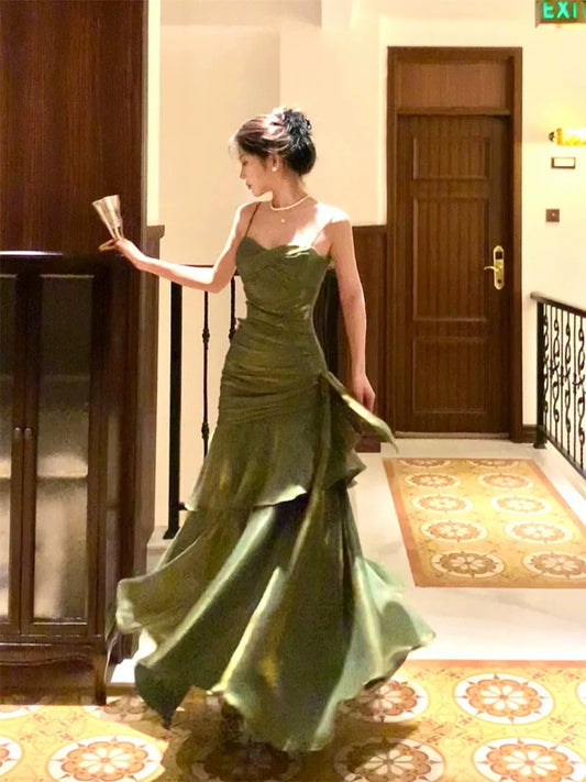 Xuewuba Dress Pretty Mermaid Spaghetti Straps Olive Green Long Prom Dresses Evening Gowns