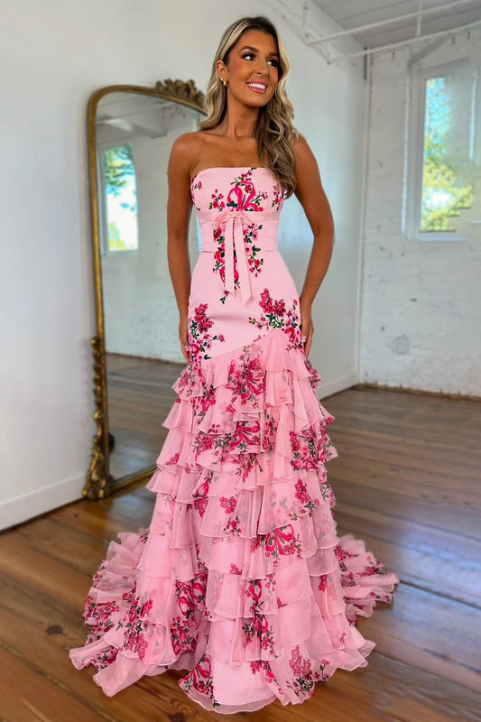 Xuewuba Dress Pretty Pink Strapless Long Mermaid Prom Dress with Ruffle Print Chiffon Evening Dress