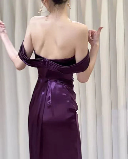 Xuewuba Dress Purple Satin Off Shoulder Long Evening Dress Purple Satin Prom Dress