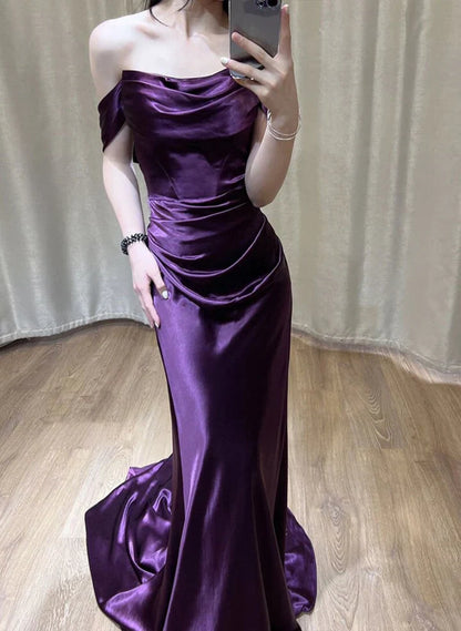 Xuewuba Dress Purple Satin Off Shoulder Long Evening Dress Purple Satin Prom Dress