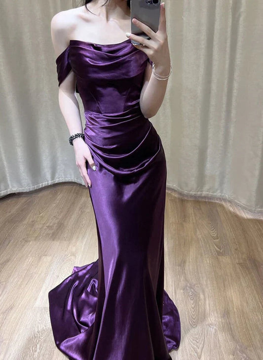 Xuewuba Dress Purple Satin Off Shoulder Long Evening Dress Purple Satin Prom Dress